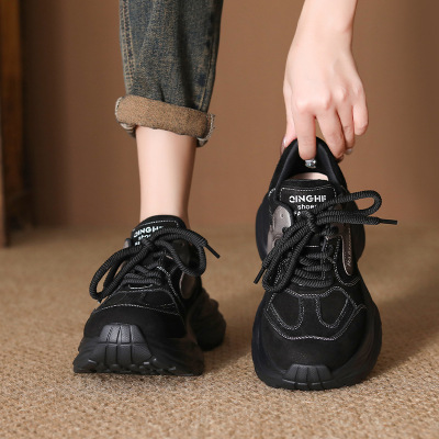 头层牛皮秋季新款厚底小个子老爹鞋透气休闲百搭运动休闲鞋