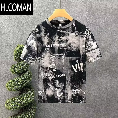 HLCOMAN高级感复古印花短袖t恤男潮流扎染半截袖男士韩版修身圆领体恤衫