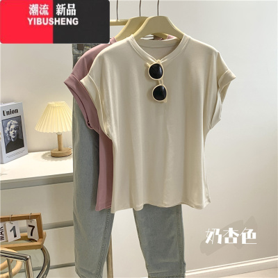 YIBUSHENG落肩飞飞袖光板纯色短袖T恤女樱花粉圆领宽松薄款韩版气质上衣