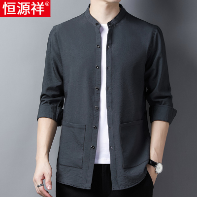 恒源祥中山装立领衬衫男长袖中国风宽松中老年父亲多口袋衬衣唐装