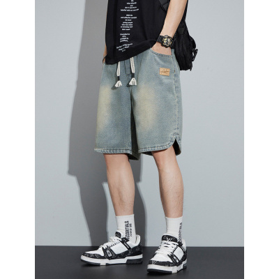 男士五分裤夏天外穿新款轻薄透气宽松牛仔短裤松紧腰_386