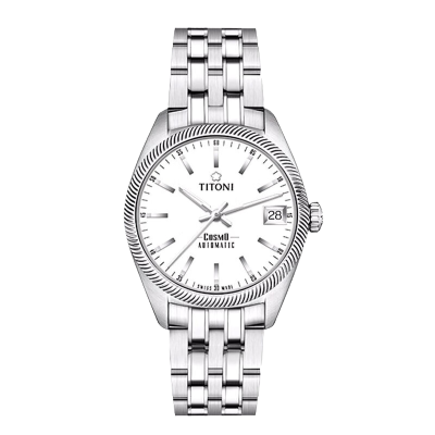梅花Titoni手表女宇宙系列自动机械女士腕表33.5mm钢带白盘
