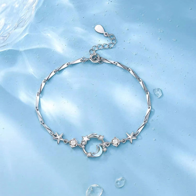 s999足银星月弥漫手链女轻奢精致月光石月亮星星手环百搭手饰礼物送女朋友老婆情人节七夕生日礼物