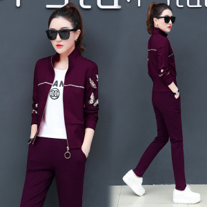迪鲁奥(DILUAO)[品质女装]运动套装女春秋2021新款时尚修身显瘦卫衣三件套女春休闲服套装潮 酒红色 M