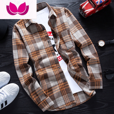 七斓春季格子长袖衬衫男士韩版潮流休闲衬衣款修身寸衫外套男上衣