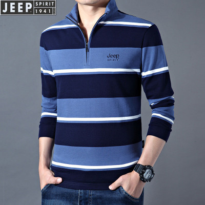 JEEP SPIRIT男翻领polo衫休闲体恤衫男士条纹长袖T恤