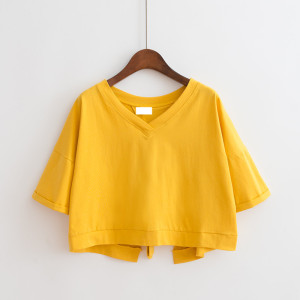 纯色后背拼接开叉V领宽松高腰短款上衣女学生绑带短袖T恤女装