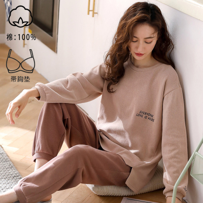 2025年啄木鸟清仓睡衣女带胸垫春秋款纯棉长袖秋冬女士家居服套装