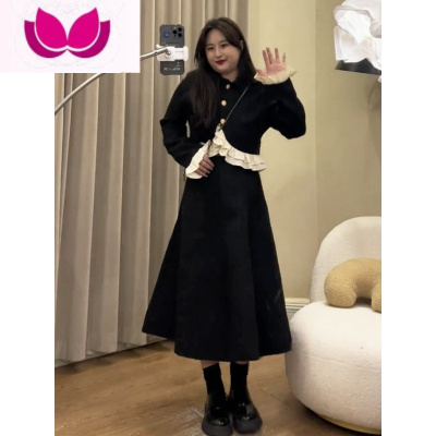 七斓火火大码小香风荷叶边短款外套+高腰大摆长半身裙女套装