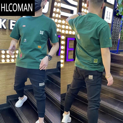 HLCOMAN夏季潮流短袖T恤男士修身印花半袖百搭韩版圆领休闲潮牌体恤衣服