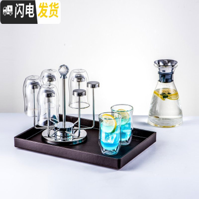 三维工匠家用冷水壶耐热防爆玻璃杯子套装凉水杯水具北欧创意茶具 菲拉斯+6渴望杯+方盘紫檀色+旋转杯架