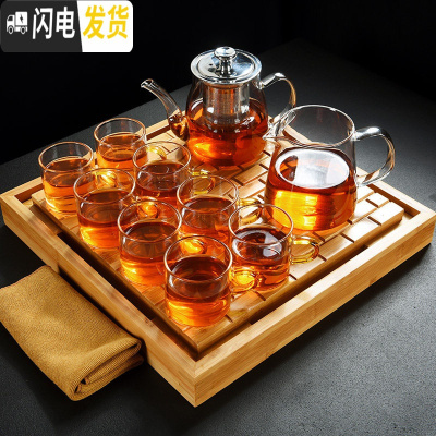 三维工匠透明玻璃茶具套装整套功夫大茶杯茶壶泡茶器竹茶盘 茶壶650+公杯350+8黄把杯+大四方砖盘+茶巾 8件