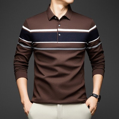 男士长袖T恤秋新款条纹翻领Polo衫商务休闲宽松爸爸男装潮