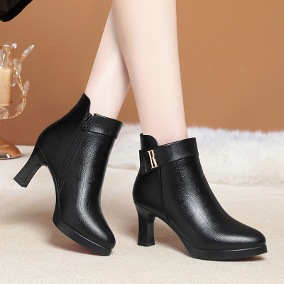 高跟短靴女秋冬季新款时尚百搭厚底防水台加绒棉鞋防滑女士单靴子_1