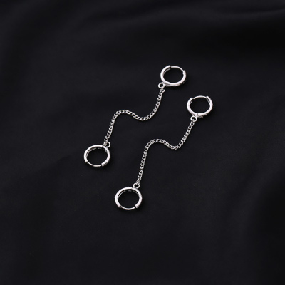 s925纯银双耳洞耳扣复古港风个性一体式双圈链条耳环男女耳链网红送女朋友老婆情人节七夕生日礼物