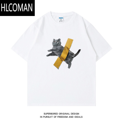HLCOMAN小众设计感胶带猫咪印花短袖T恤男夏季宽松休闲半袖上衣打底衫