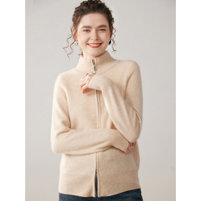 秋冬新款厚款拉链半高领山羊绒开衫女士时尚宽松针织衫外套毛衣女