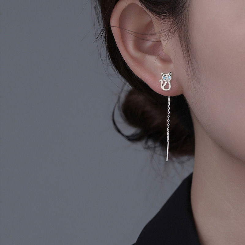 s925银蓝眼睛猫咪耳线女小众韩系高级感流苏耳链精致气质百搭耳饰送女朋友老婆情人节七夕生日礼物