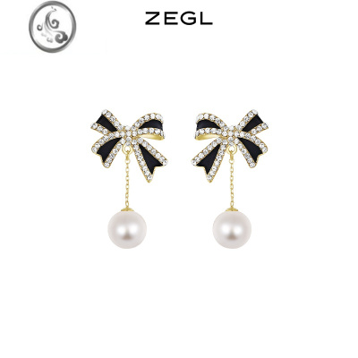 JiMiZEGL蝴蝶结珍珠小香耳环女小众设计感高级耳钉银针复古夏天耳饰品