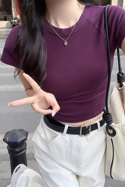 含棉紫色短袖T恤女装夏季紧身显瘦打底衫短款甜辣妹纯欲上衣