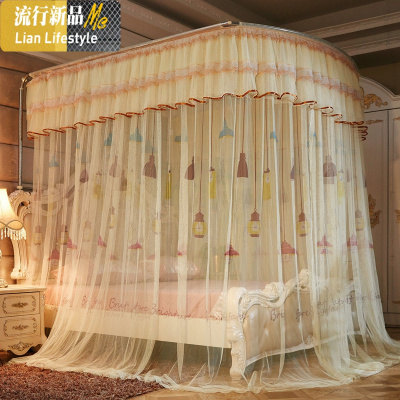 新款印花导轨蚊帐u型轨道1.5米1.8m2.0m床伸缩钓鱼竿纹账加密家用 三维工匠