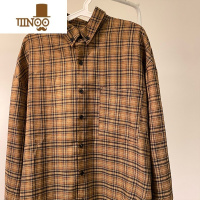 YANXUMASD日系复古咖色格子长袖衬衫男潮ins情侣宽松休闲外套