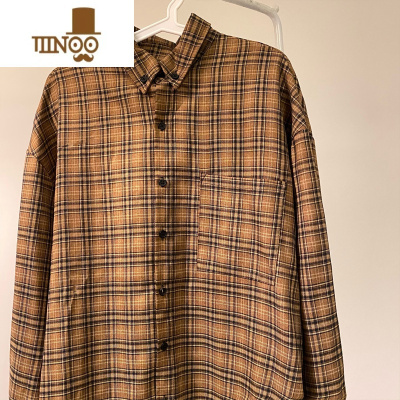 YANXUMASD日系复古咖色格子长袖衬衫男潮ins情侣宽松休闲外套
