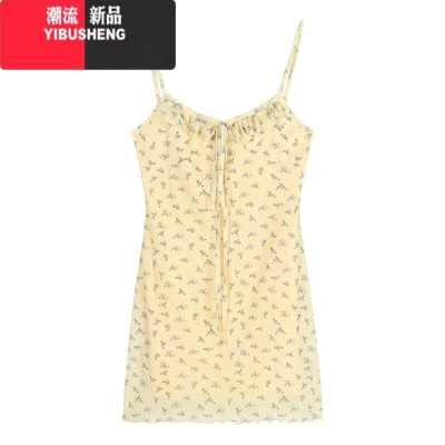 YIBUSHENG法式碎花小清新吊带连衣裙女季收腰紧身短裙温柔风甜美包臀裙子