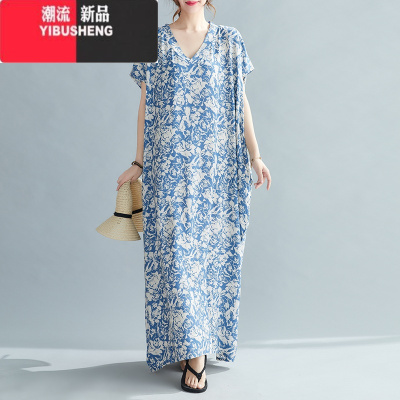YIBUSHENG宽松季新款文艺V领棉绸蝙蝠袖宽松连衣裙长袍240斤脚裹长裙舒适