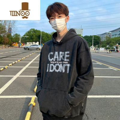 YANXU美式复古做旧连帽卫衣男士秋季hiphop潮牌情侣银狐绒加厚外套