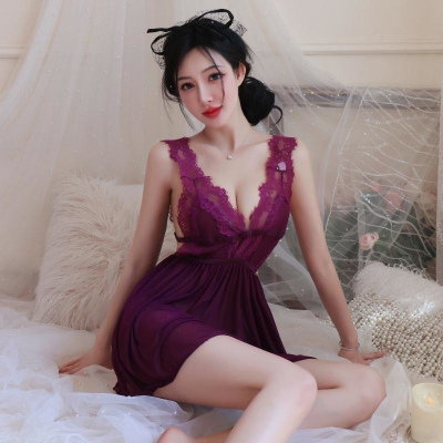 长夜漫漫情趣内裤紫色睡裙韵味性感深v网纱透视蕾丝开叉睡裙1147