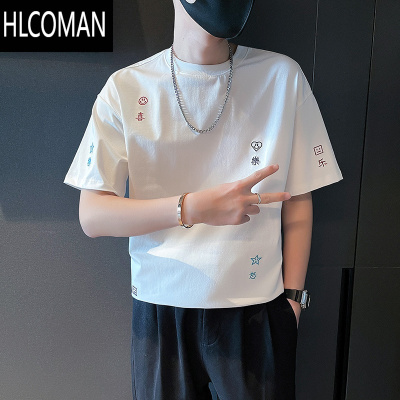 HLCOMAN白色短袖夏季男款2023新款小领口T恤体恤五分袖
