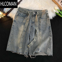 HLCOMAN夏季薄款毛边牛仔短裤男潮牌水洗休闲日系痞帅青少年5分高街裤子
