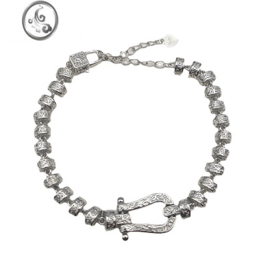 JiMi原创小众设计感唐草马蹄手链女轻奢时尚气质个性高级感复古银手饰