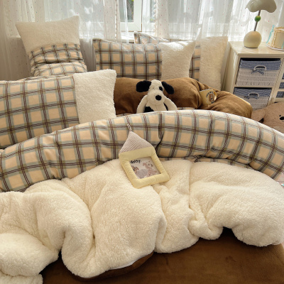 复古格子羊羔绒拼牛奶绒床上四件套韩系少女秋冬加厚珊瑚绒三件套