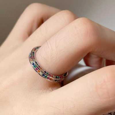 2024新款彩虹三面碎钻银戒指女民族风小众高级简约韩轻奢开口指环送女朋友老婆情人节七夕生日礼物