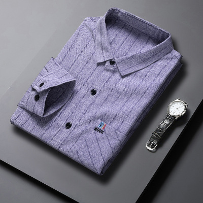男士长袖衬衫春秋季新款长袖翻领棉麻衬衫男中老年爸爸装条纹衬衣