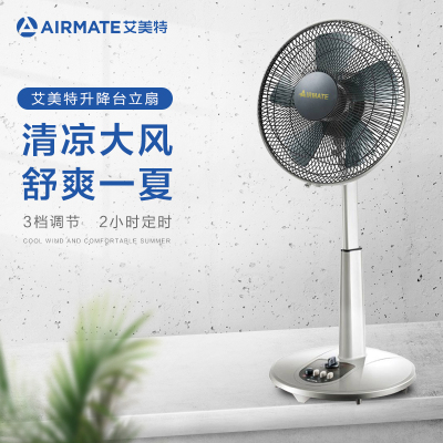 艾美特官方旗舰店大风量电风扇团购12寸浅灰色升降学生机械台立扇家用宿舍定时省电落地扇(可开发票)