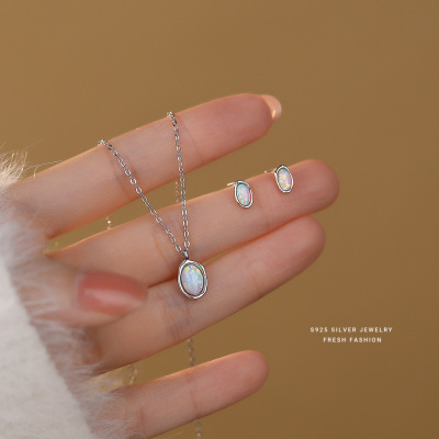 S925纯银合成欧泊石设计简约百搭项链女气质高级感锁骨链礼物批发送女朋友老婆情人节七夕生日礼物