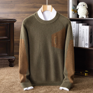 重磅复古美式拼色毛衣男秋冬新款休闲加厚保暖宽松大码男士羊毛衫_0651