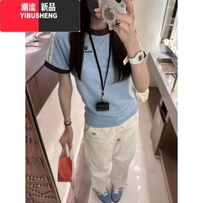 YIBUSHENG设计感小众拼色插肩三条杠短袖T恤女美式辣妹短款修身上衣