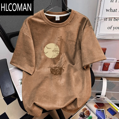 HLCOMAN绒短袖t恤男夏季宽松五分袖美式高级感休闲半袖衣服