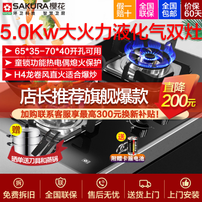[年度销售王]樱花 (SAKURA)燃气灶BBG09液化气灶煤气灶双灶台式嵌入式两用5.0KW大火力灶台 液化气