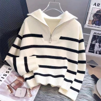 设计感条纹高翻领半拉链毛衣女秋冬新款宽松慵懒风拼色针织衫上衣
