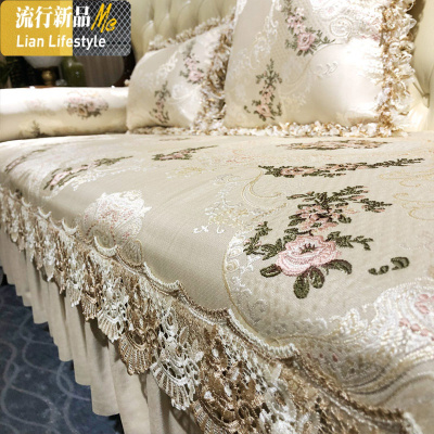 欧式沙发垫四季通用防滑布艺美式轻奢真皮坐垫套罩巾定做 三维工匠 蓝色-琉璃石光 [65+裙摆]*70cm