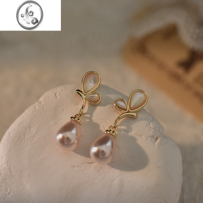 JiMi耳夹女无痛轻奢贝壳蝴蝶耳环小众设计优雅珍珠耳坠高级感气质耳饰