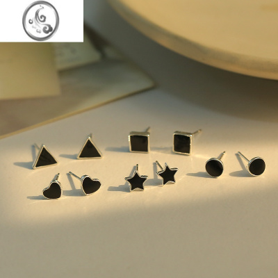 JiMiS925银银 黑色个性几何迷你耳钉基础男女方形圆形三角形爱心耳骨