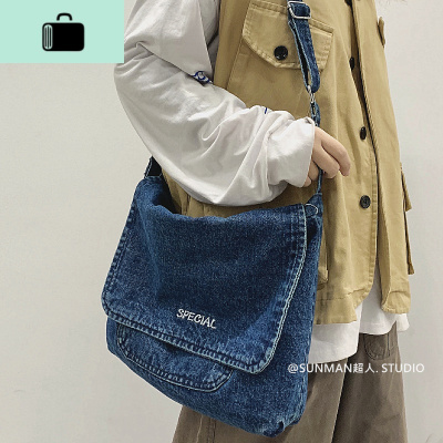 日系斜挎包潮牌复古邮差包男休闲简约大容量牛仔布包女文艺单肩包NEW LAKE男士单肩包