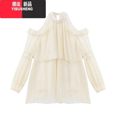 YIBUSHENG2024季新款法式长袖挂脖生日裙子性感露肩泡泡袖雪纺连衣裙女装