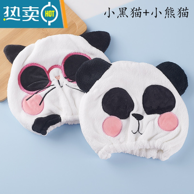 敬平2021新款儿童干发帽女童吸水速干浴帽宝宝可爱洗头包头巾器 儿童小猫咪和小熊猫